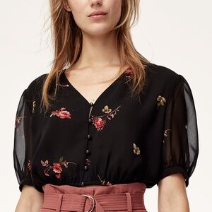 ARITZIA Wilfred Sofiane Short Sleeve Blouse Black Floral XS Rose Print